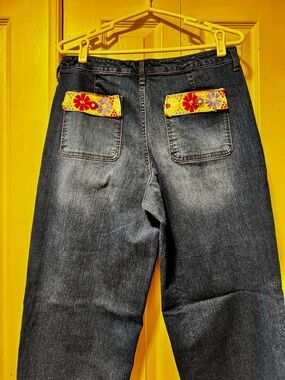 Upcycled Wide Leg Dark Blue Jeans with Embroidered Floral Cuff